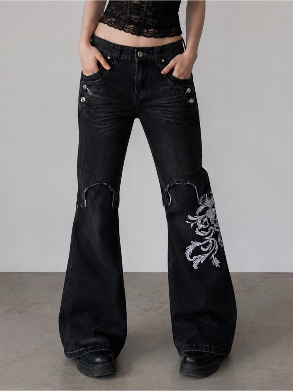 Y2K Black Flare Jeans Gothic Baroque Embroidery Grunge Aesthetic Women's Size 28